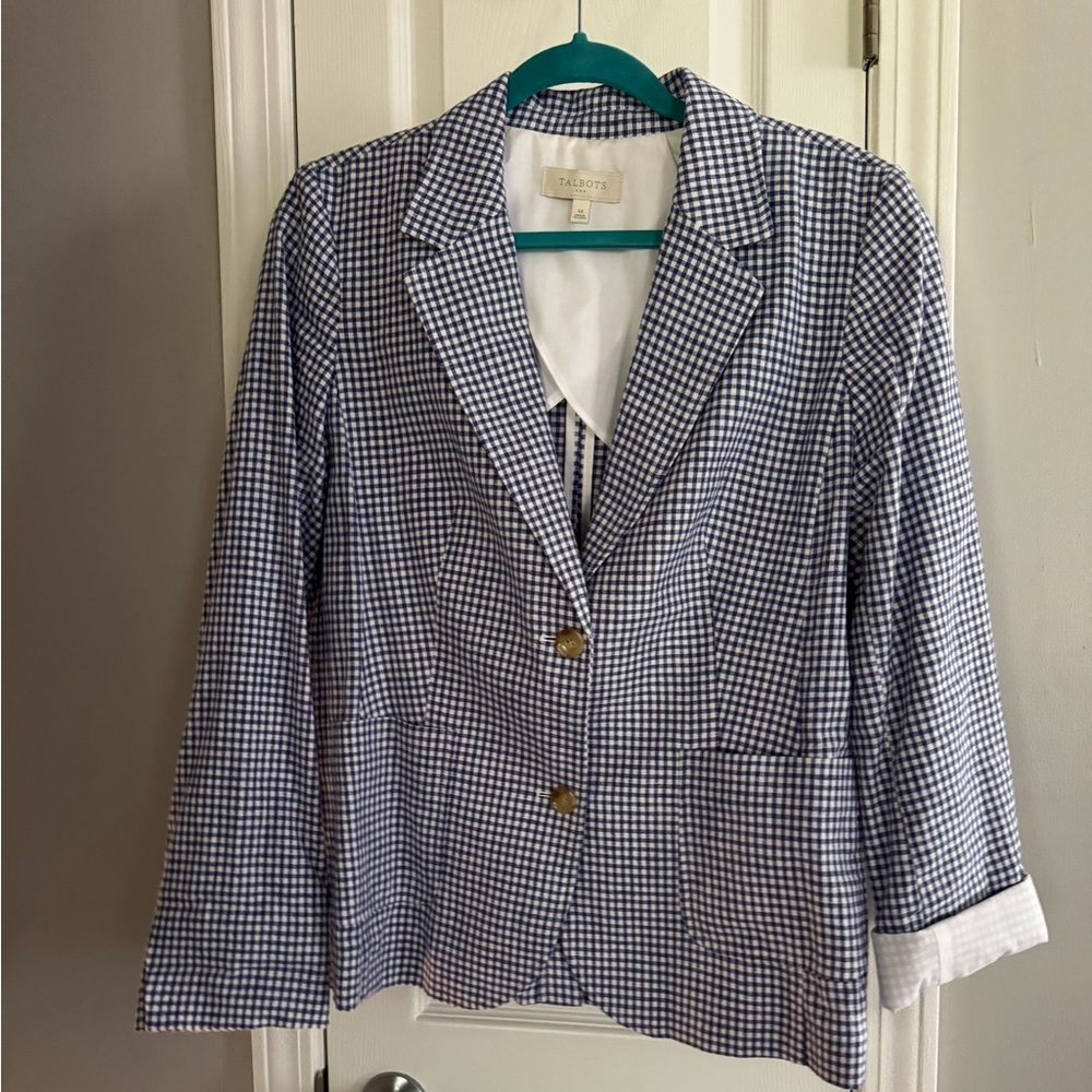 Talbots Blue and White Gingham Blazer Relaxed Fit